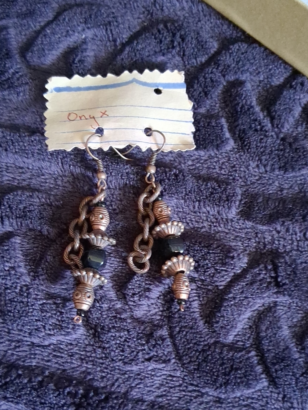Onyx Dangle Earrings with Copper-Tone Beads